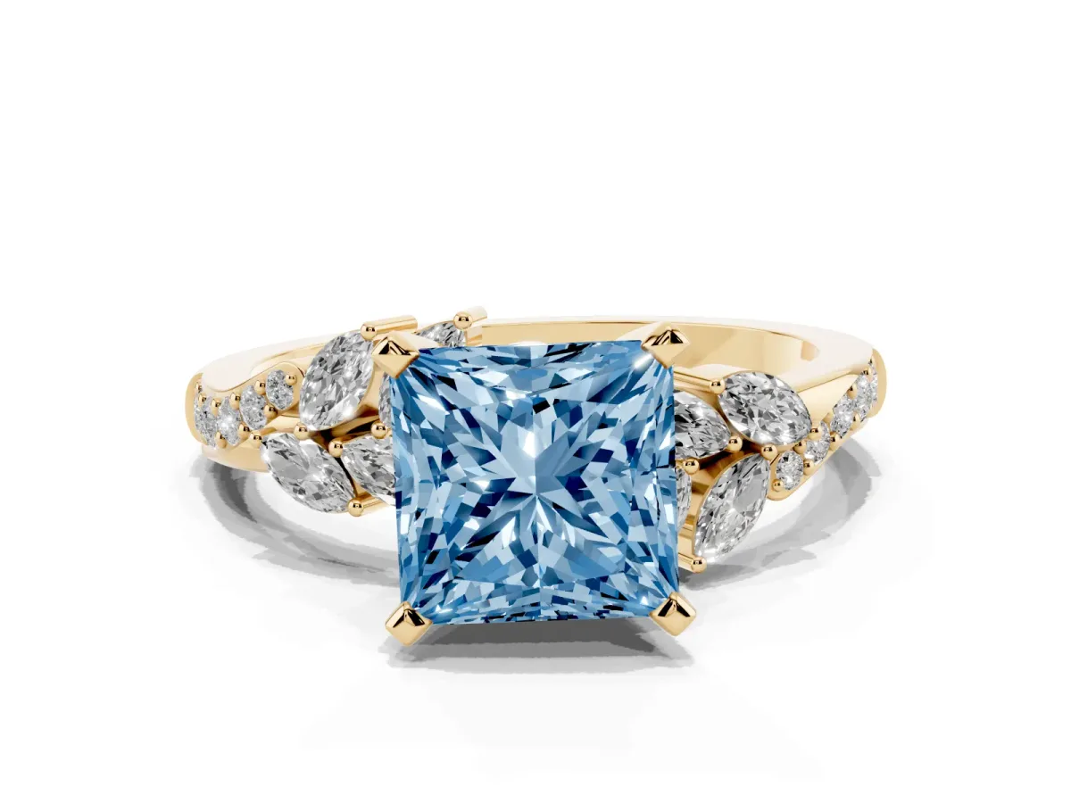 Fancy Blue Princess Cut Solitaire Marquise Twist Band with Six-Prong Setting Yellow gold