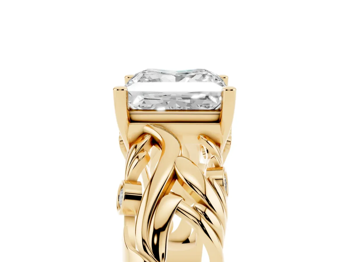 Princess Cut Solitaire Diamond Leaf-Inspired Vine Band Ring with Prong Setting Yellow gold