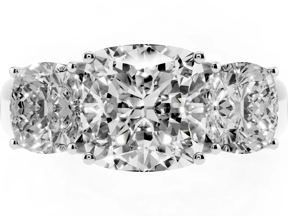 Three-Stone Cushion Cut Cut Diamond Ring with Prong Setting and Classic Band Platinum