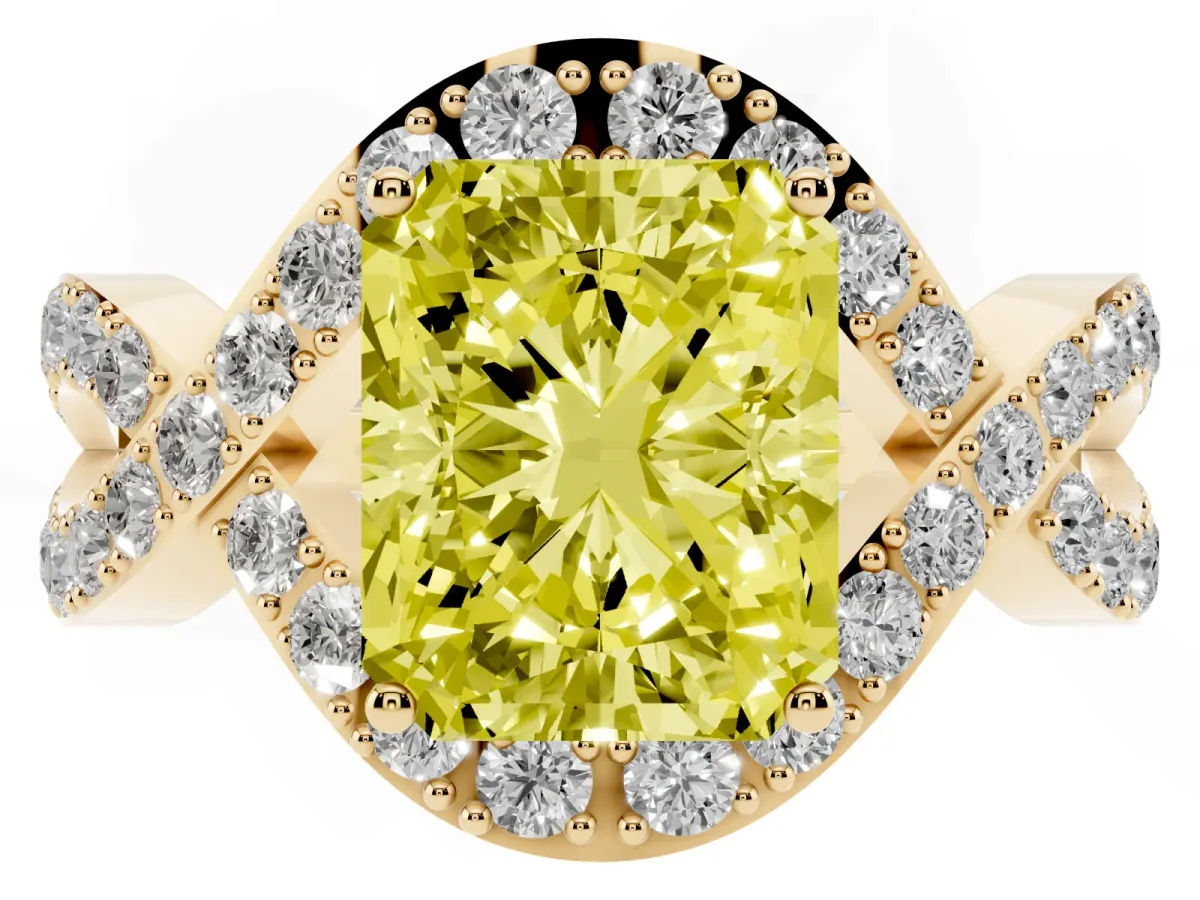 Fancy Yellow Radiant Cut Solitaire Twist Band Pavé Diamond Engagement Ring Yellow gold