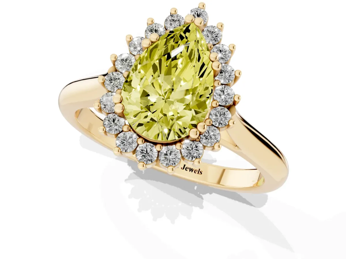 Fancy Yellow Pear Cut Cut Diamond Halo Ring with Solitaire Band and Prong Setting Yellow gold