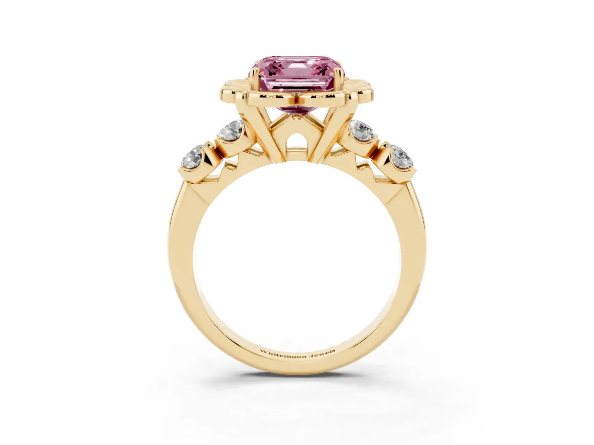 Fancy Pink Asscher Cut Cut Diamond Floral Halo Engagement Ring with Shared Prong Setting Yellow gold