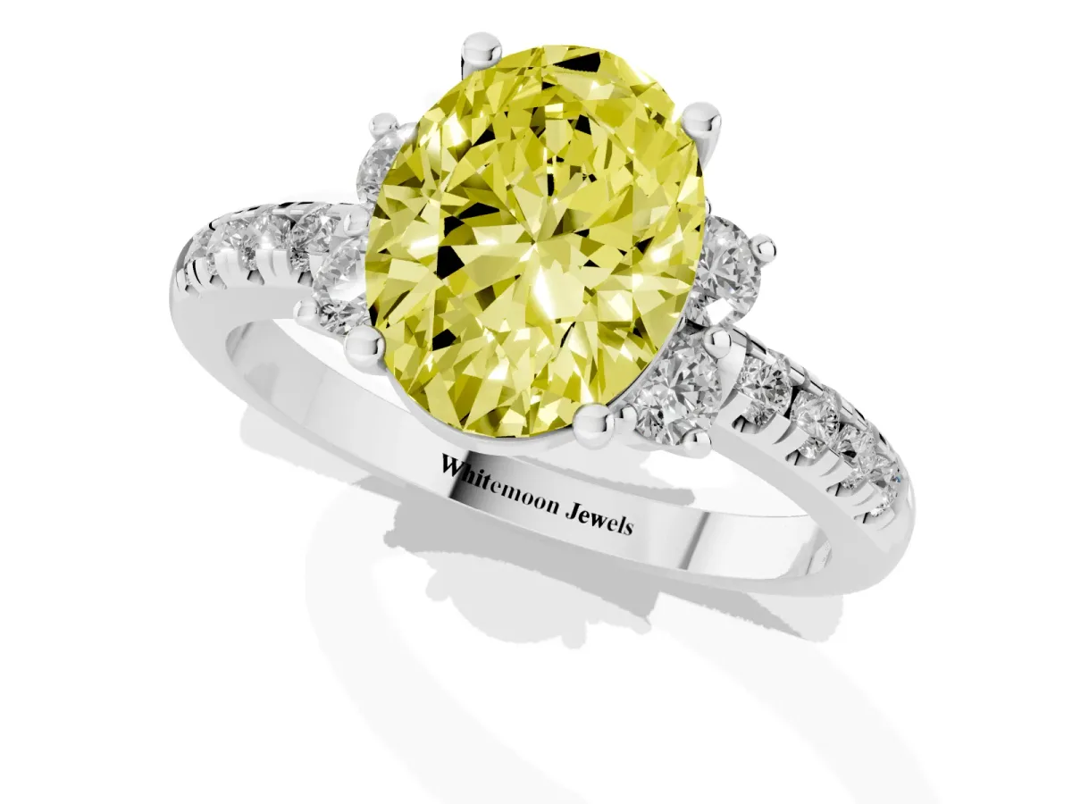 Fancy Yellow Oval Cut Diamond Three-Stone Pave Band with Four-Prong Setting Silver