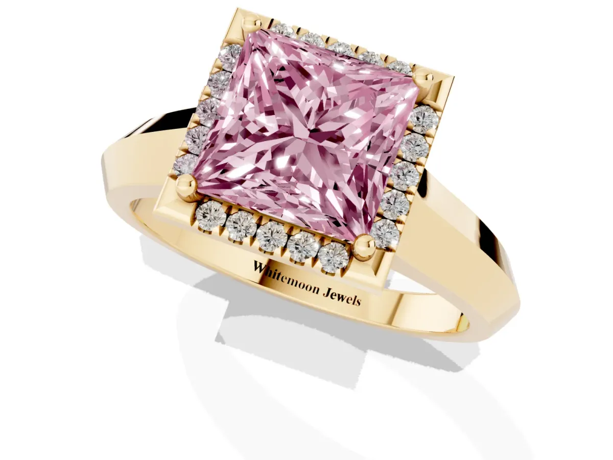 Fancy Pink Princess Cut Halo Diamond Ring with Cathedral Band and Four-Prong Setting Yellow gold