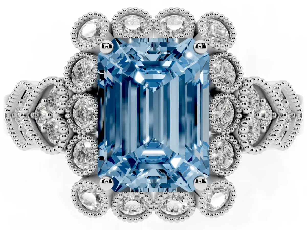 Fancy Blue Emerald Cut Brilliant Milgrain Pave Heart Band Solitaire Ring Silver