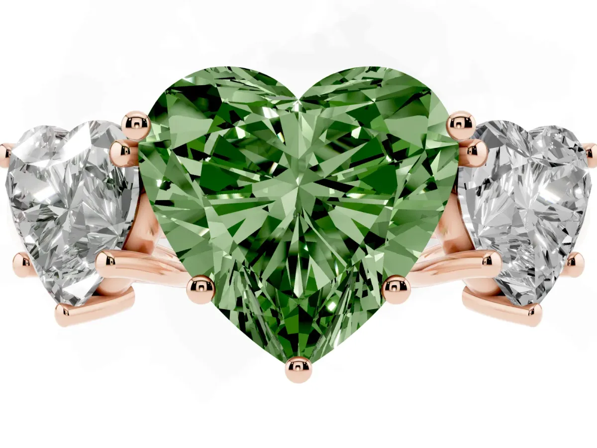 Fancy Green Three-Stone Heart Cut Diamond Engagement Ring with Prong Setting Rose gold