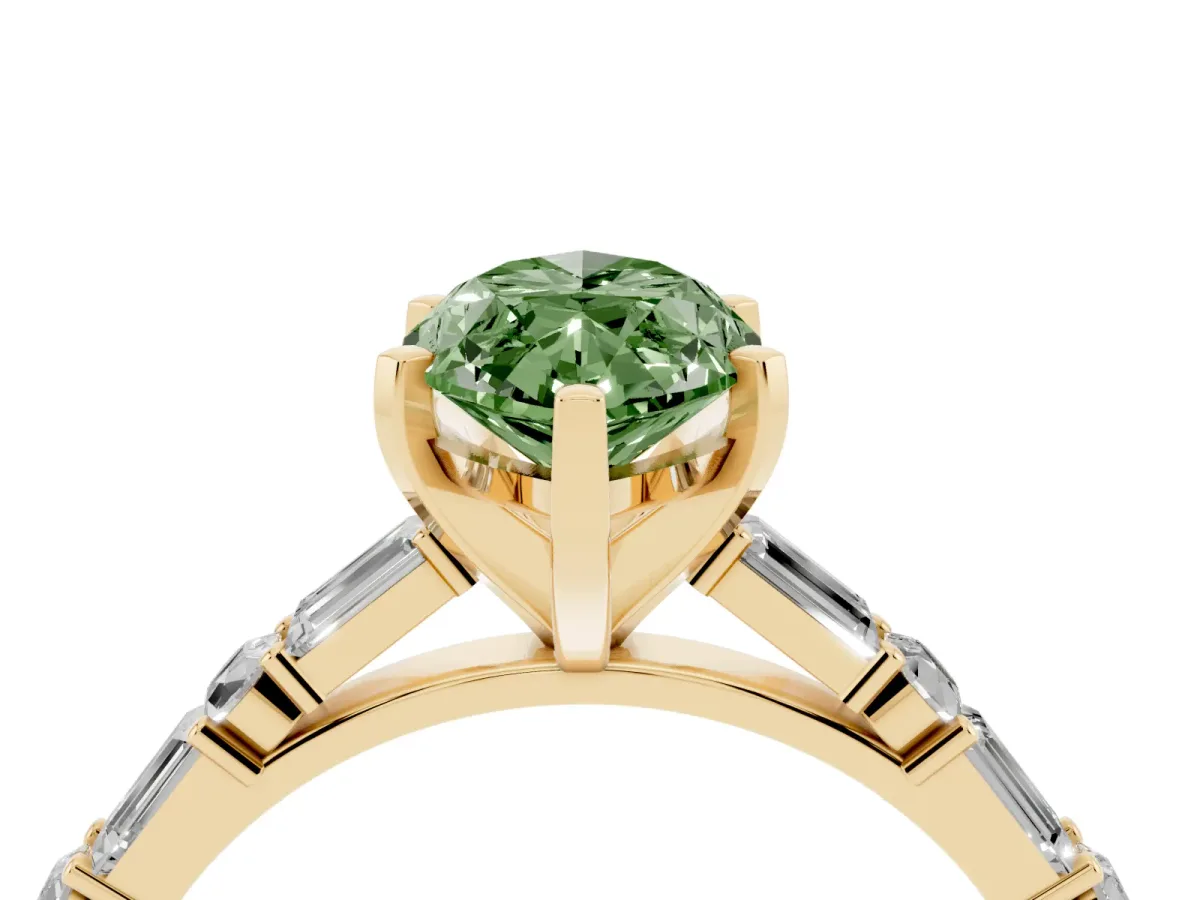 Fancy Green Marquise Cut Diamond Solitaire with Side Baguettes and Channel Set Band Yellow gold