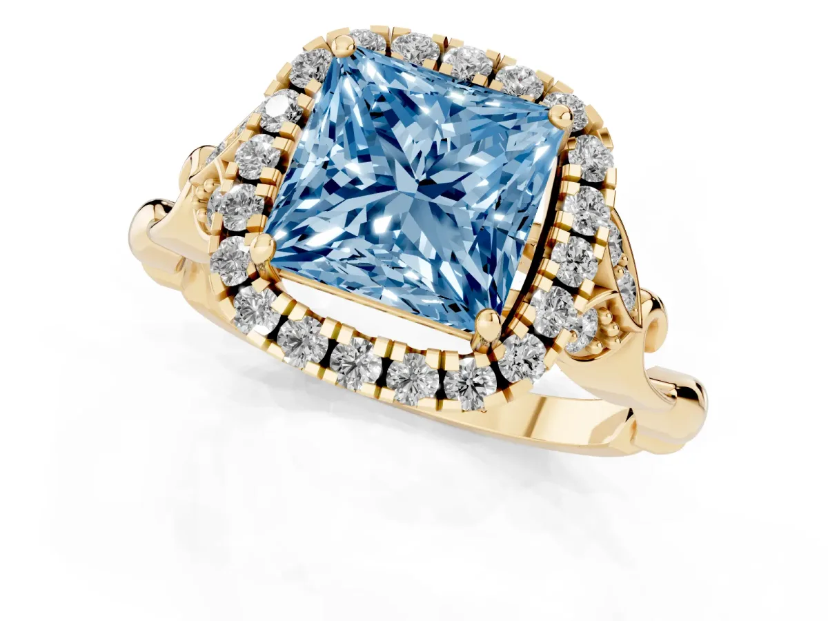 Fancy Blue Princess Cut Halo Diamond Engagement Ring with Vintage-Inspired Band and Four-Prong Setting Yellow gold