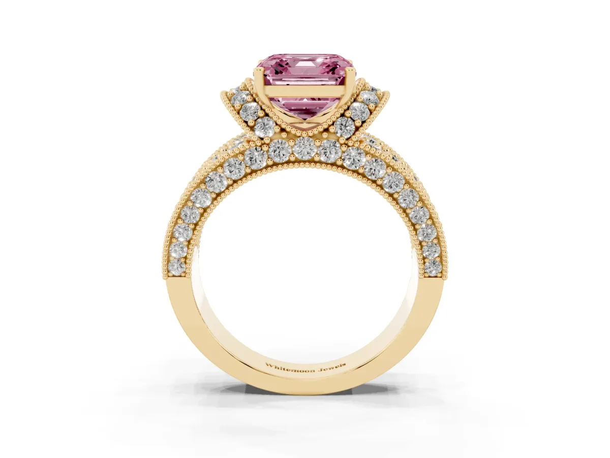 Fancy Pink Asscher Cut Halo Pave Diamond Engagement Ring with Milgrain Detailing Yellow gold