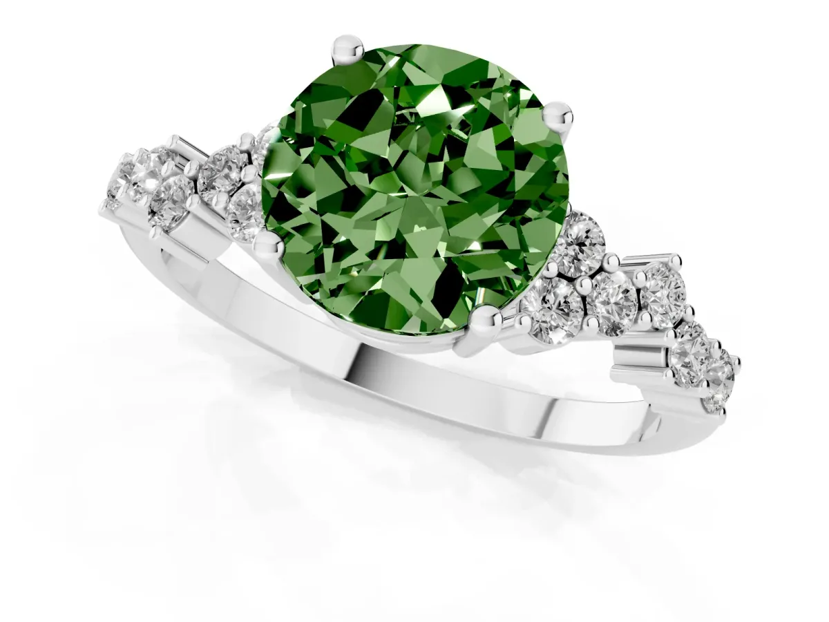 Fancy Green Round Cut Diamond Scattered Round Accent Ring with Prong Setting Platinum