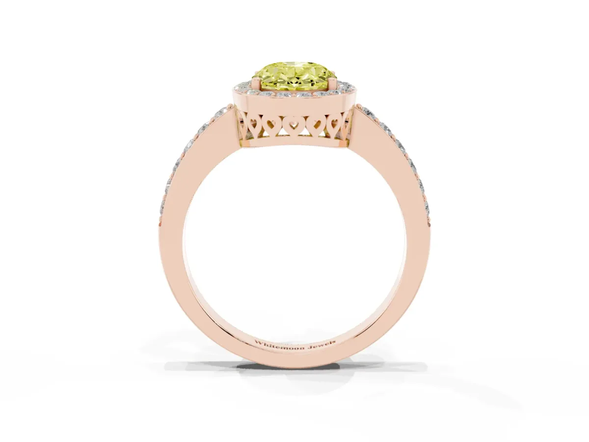 Fancy Yellow Oval Cut Halo Diamond Pavé Band Ring with Prong Setting Rose gold