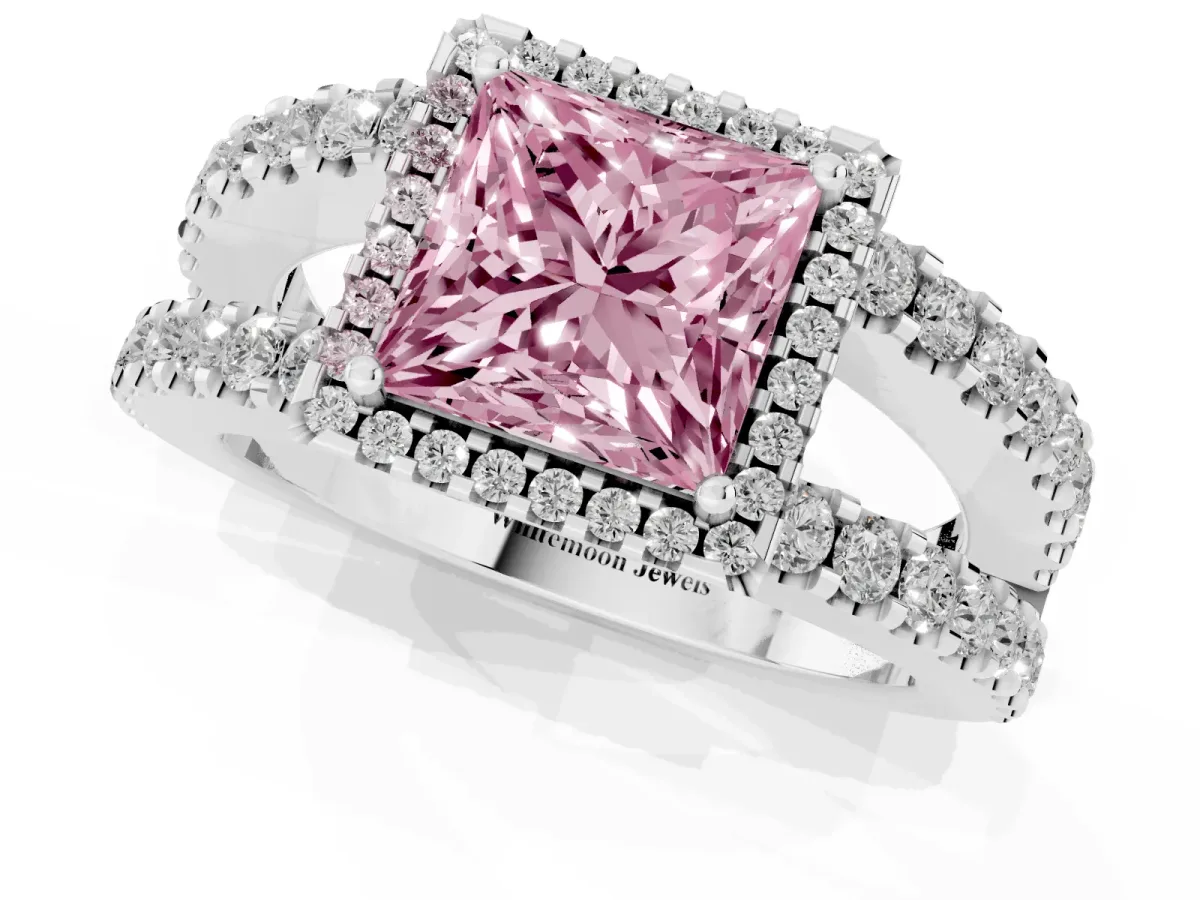 Fancy Pink Princess Cut Cut Halo Split Shank Diamond Ring with Four-Prong Setting Platinum