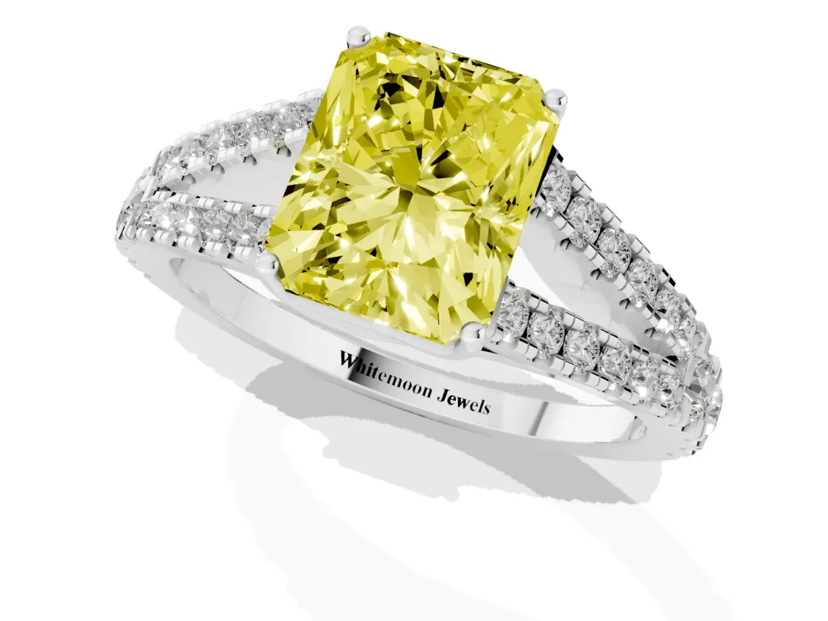 Fancy Yellow Radiant Cut Diamond Split Shank Engagement Ring with Round Pavé and Prong Setting Silver