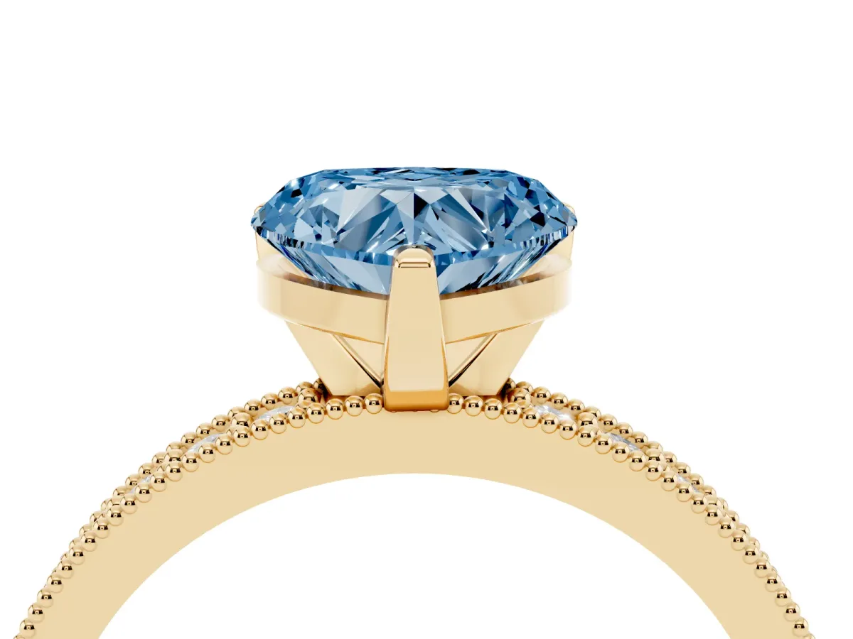 Fancy Blue Heart Cut Diamond Milgrain Pavé Engagement Ring with Four-Prong Setting Yellow gold