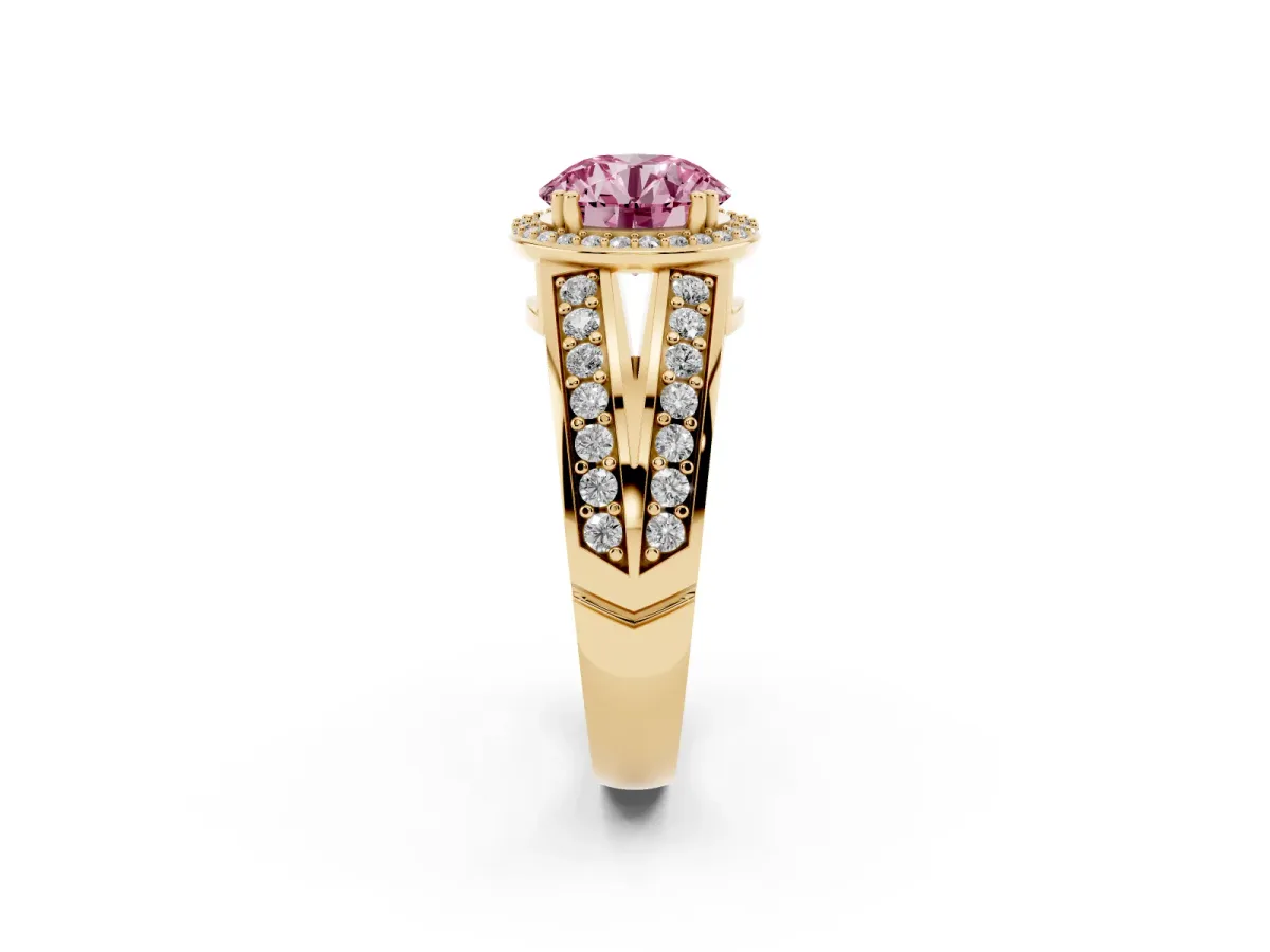 Fancy Pink Round Cut Diamond Halo Ring with Split Shank Pavé Band and Four-Prong Setting Yellow gold