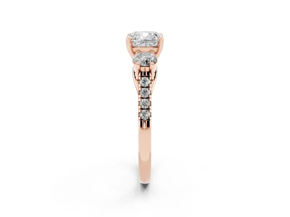 Three-Stone Cushion Cut Diamond Pavé Band with Four-Prong Setting Rose gold