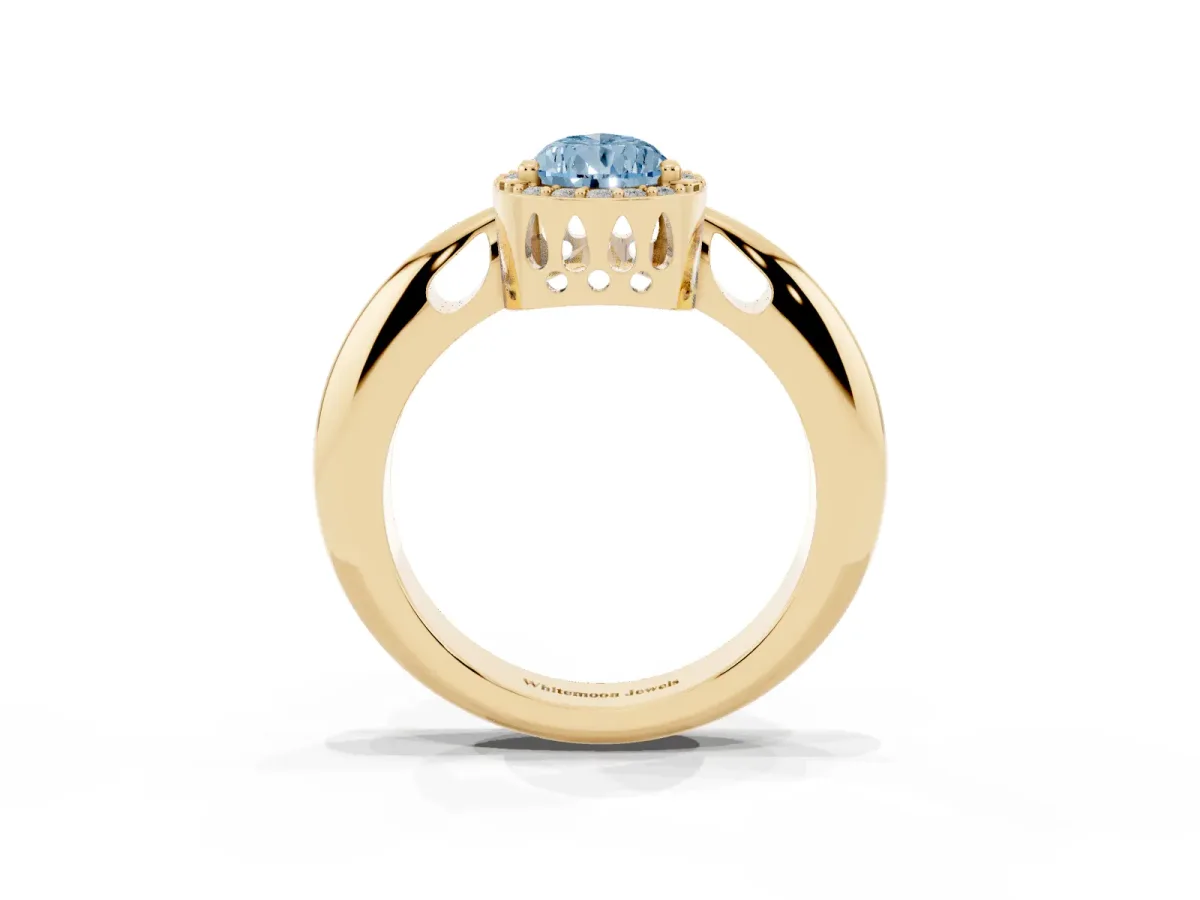 Fancy Blue Pear Cut Cut Diamond Halo Engagement Ring with Split Shank and Four-Prong Setting Yellow gold