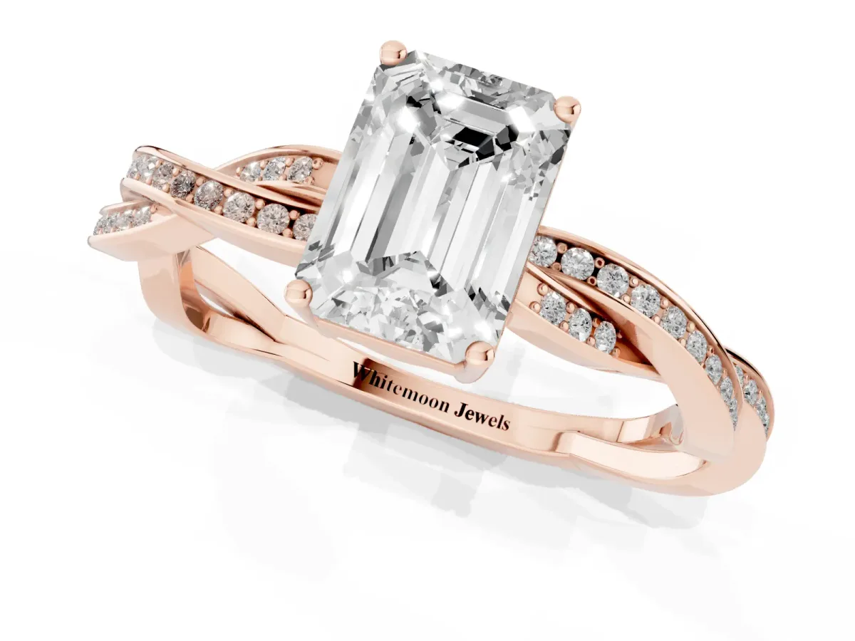 Emerald Cut Solitaire Twisted Pave Diamond Ring with Four-Prong Setting Rose gold