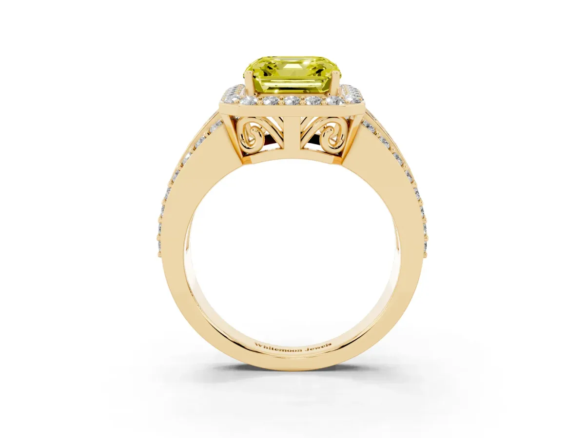 Fancy Yellow Asscher Cut Halo Diamond Ring with Round Split Shank and Prong Setting Yellow gold
