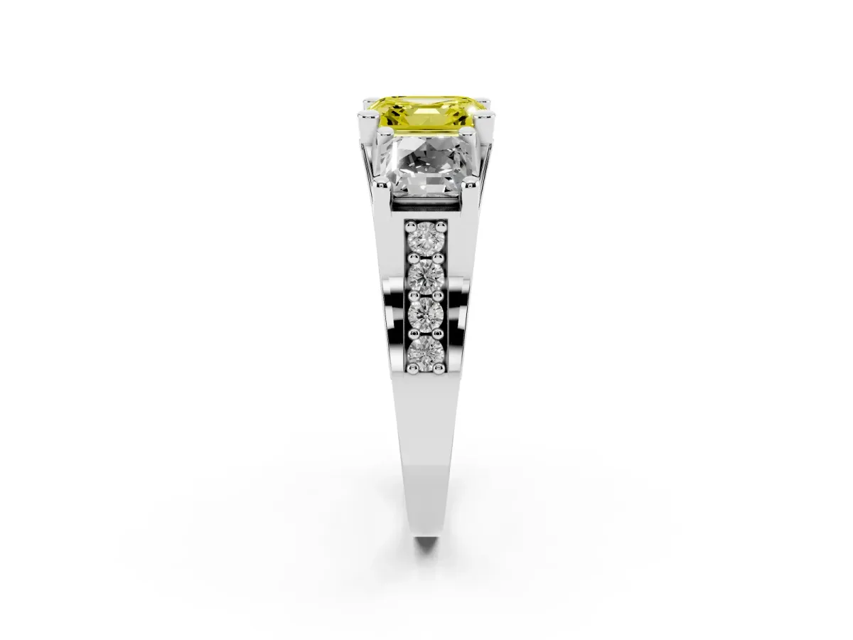 Fancy Yellow Asscher Cut Diamond Three-Stone Ring with Channel Set Band and Four-Prong Setting Silver