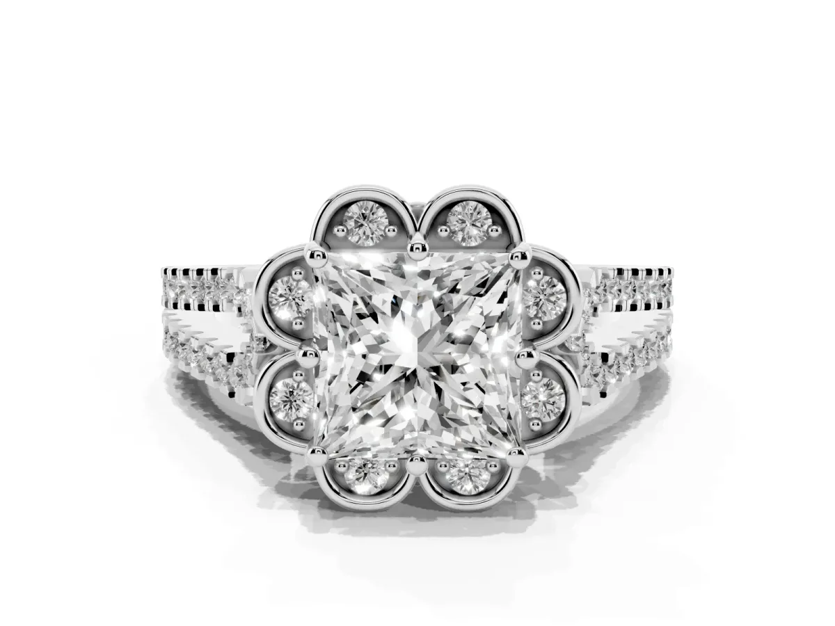 Princess Cut Halo Diamond Floral Split Shank Engagement Ring Platinum