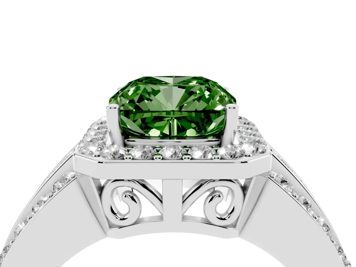 Fancy Green Cushion Cut Halo Diamond Ring with Round Split Shank and Prong Setting Silver