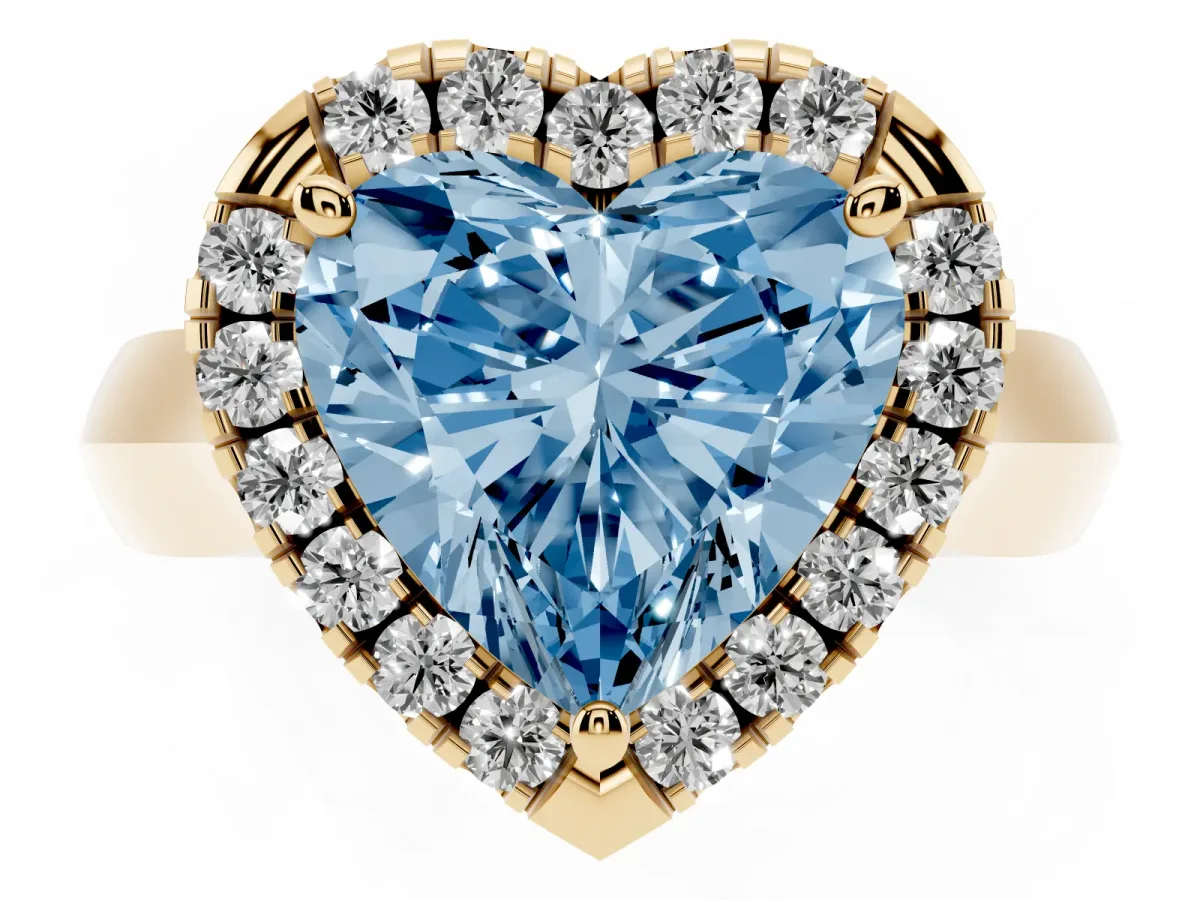 Fancy Blue Heart Cut Cut Halo Solitaire Engagement Ring with Square Band and Four-Prong Setting Yellow gold