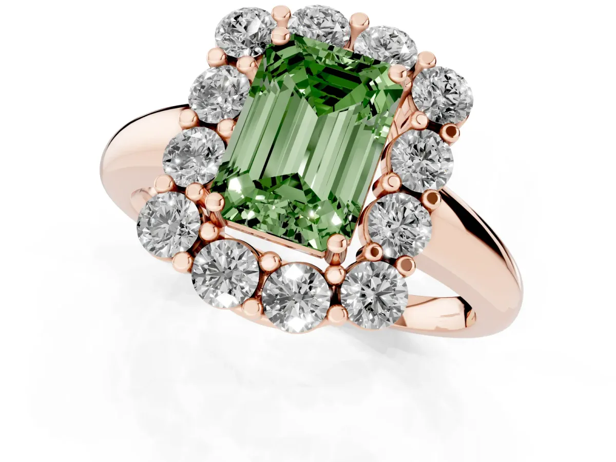 Fancy Green Emerald Cut Halo Cluster Diamond Engagement Ring with Prong Setting and Polished Band Rose gold