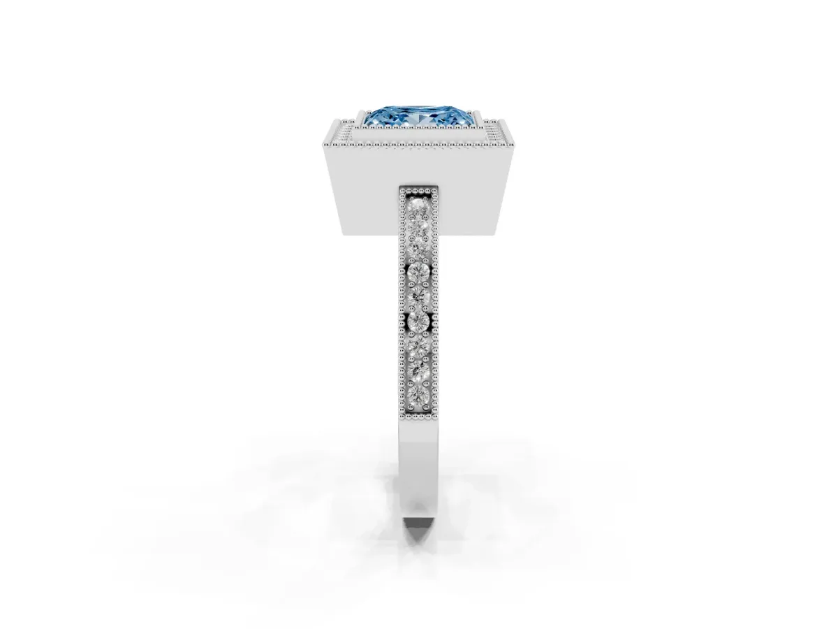 Fancy Blue Princess Cut Cut Halo Diamond Ring with Pavé Band and Milgrain Prong Setting Platinum