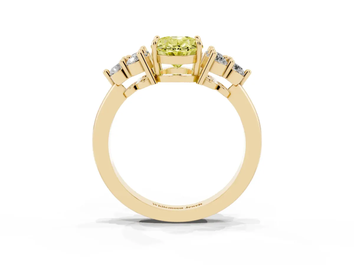 Fancy Yellow Oval Cut Brilliant Diamond Cluster Accent Solitaire Ring with Prong Setting Yellow gold