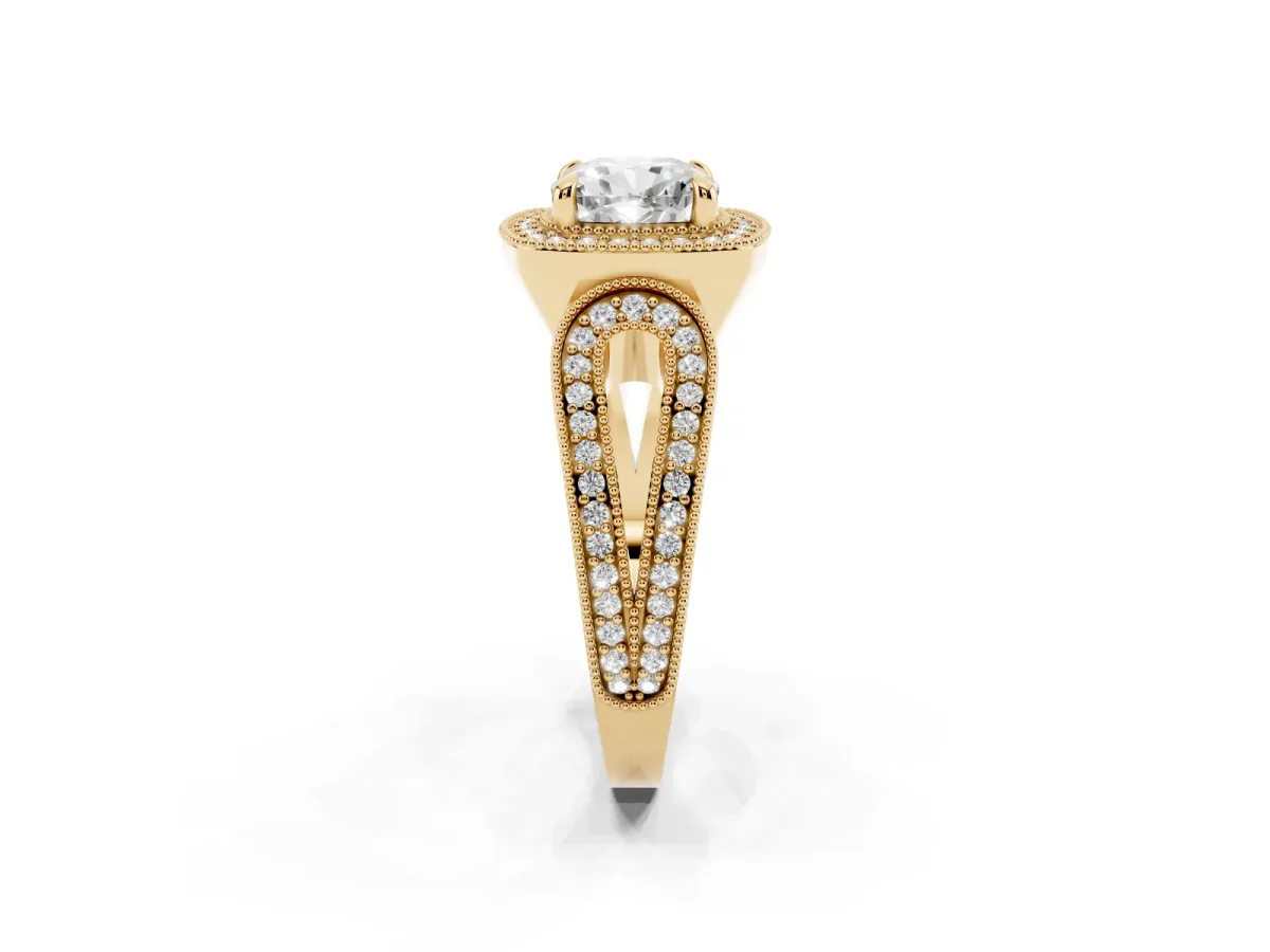 Cushion Cut Halo Split Shank Milgrain Diamond Ring Yellow gold