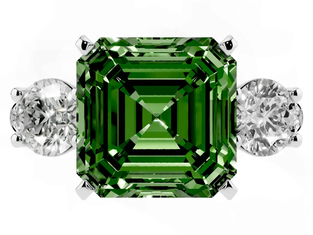 Fancy Green Three-Stone Asscher Cut Diamond Pavé Band with Four-Prong Setting Silver