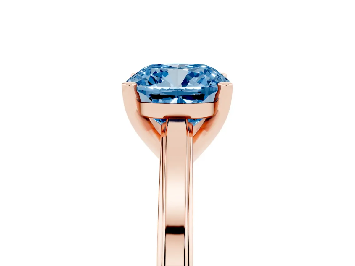 Fancy Blue Cushion Cut Solitaire Diamond Ring with Four-Prong Setting and Classic Band Rose gold