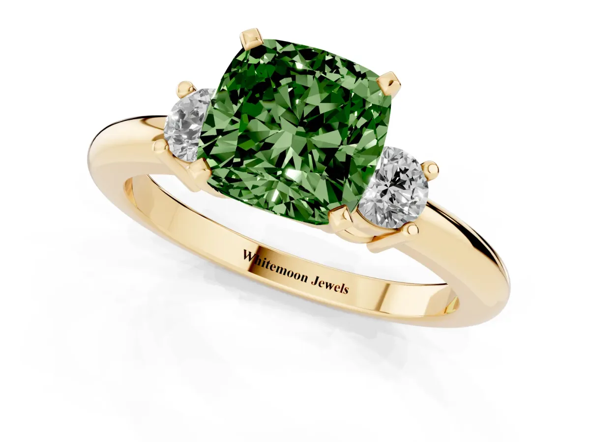 Fancy Green Three-Stone Cushion Cut Cut Diamond Solitaire with Prong Setting and Classic Band Yellow gold