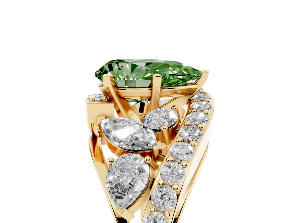 Fancy Green Pear Cut Diamond Halo Ring with Marquise and Pavé Band in Prong Setting Yellow gold