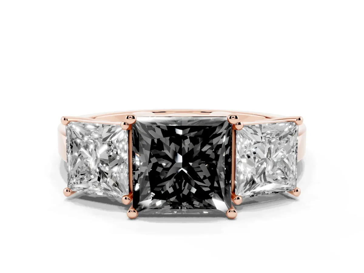 Fancy Black Three-Stone Princess Cut Cut Diamond Engagement Ring with Flat Band and Four-Prong Setting Rose gold