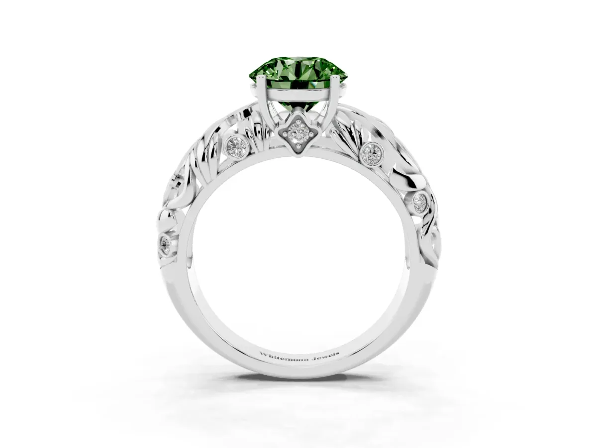 Fancy Green Round Cut Solitaire Diamond Leaf-Inspired Vine Band Ring with Prong Setting Platinum