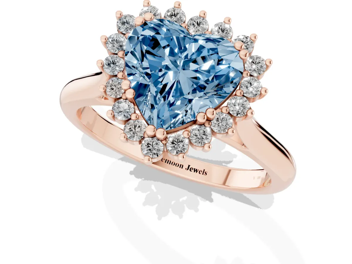 Fancy Blue Heart Cut Cut Diamond Halo Ring with Solitaire Band and Prong Setting Rose gold