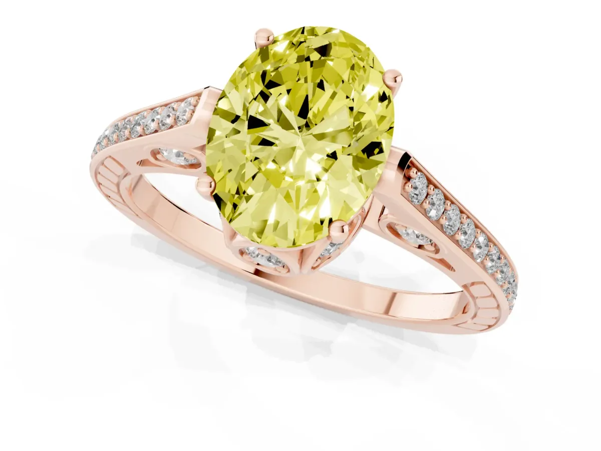 Fancy Yellow Oval Cut Cut Cathedral Pave Diamond Engagement Ring with Six-Prong Setting Rose gold