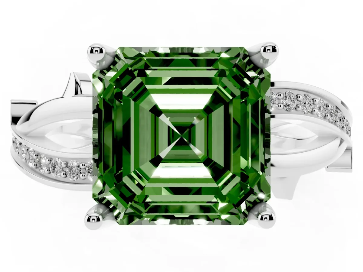 Fancy Green Asscher Cut Solitaire Twist Band with Pavé Accents and Four-Prong Setting Platinum
