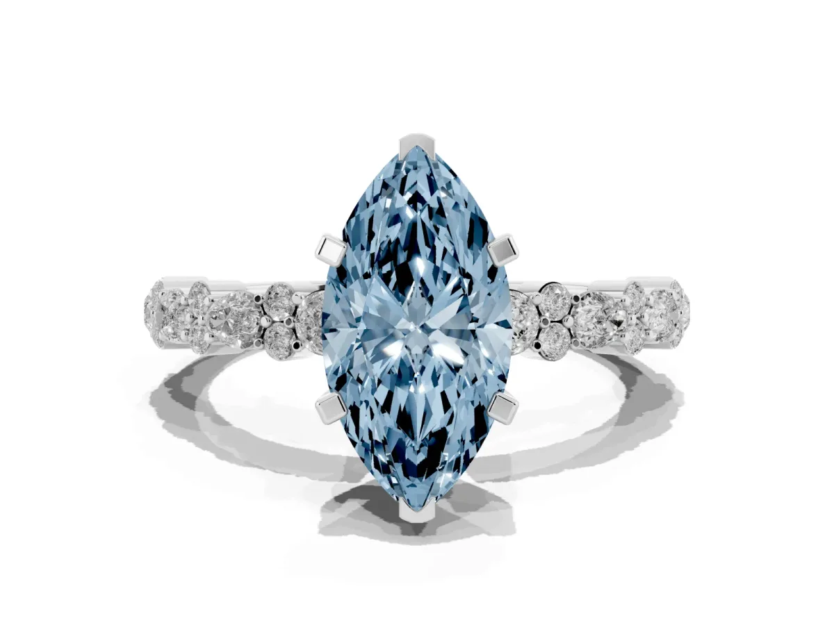 Fancy Blue Marquise Cut Diamond Side Stone Solitaire Ring with Round and Four-Prong Setting Silver