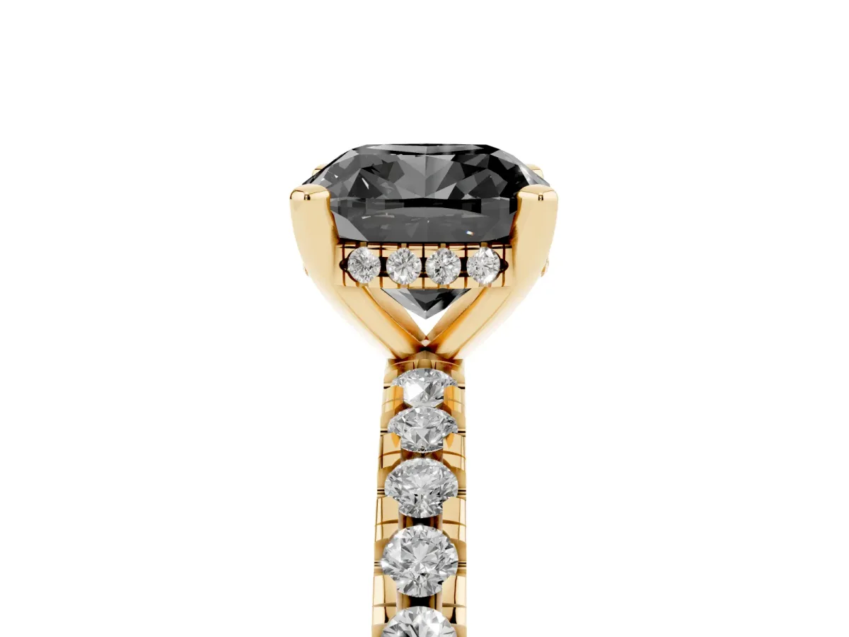 Fancy Black Cushion Cut Diamond Solitaire Ring with Round Pavé Band and Four-Prong Setting Yellow gold