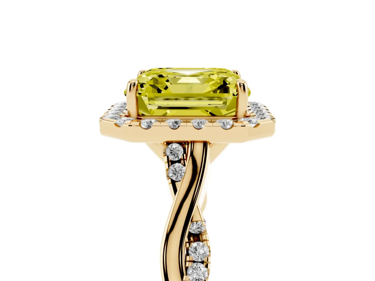 Fancy Yellow Asscher Cut Halo Twist Band Solitaire Ring Yellow gold