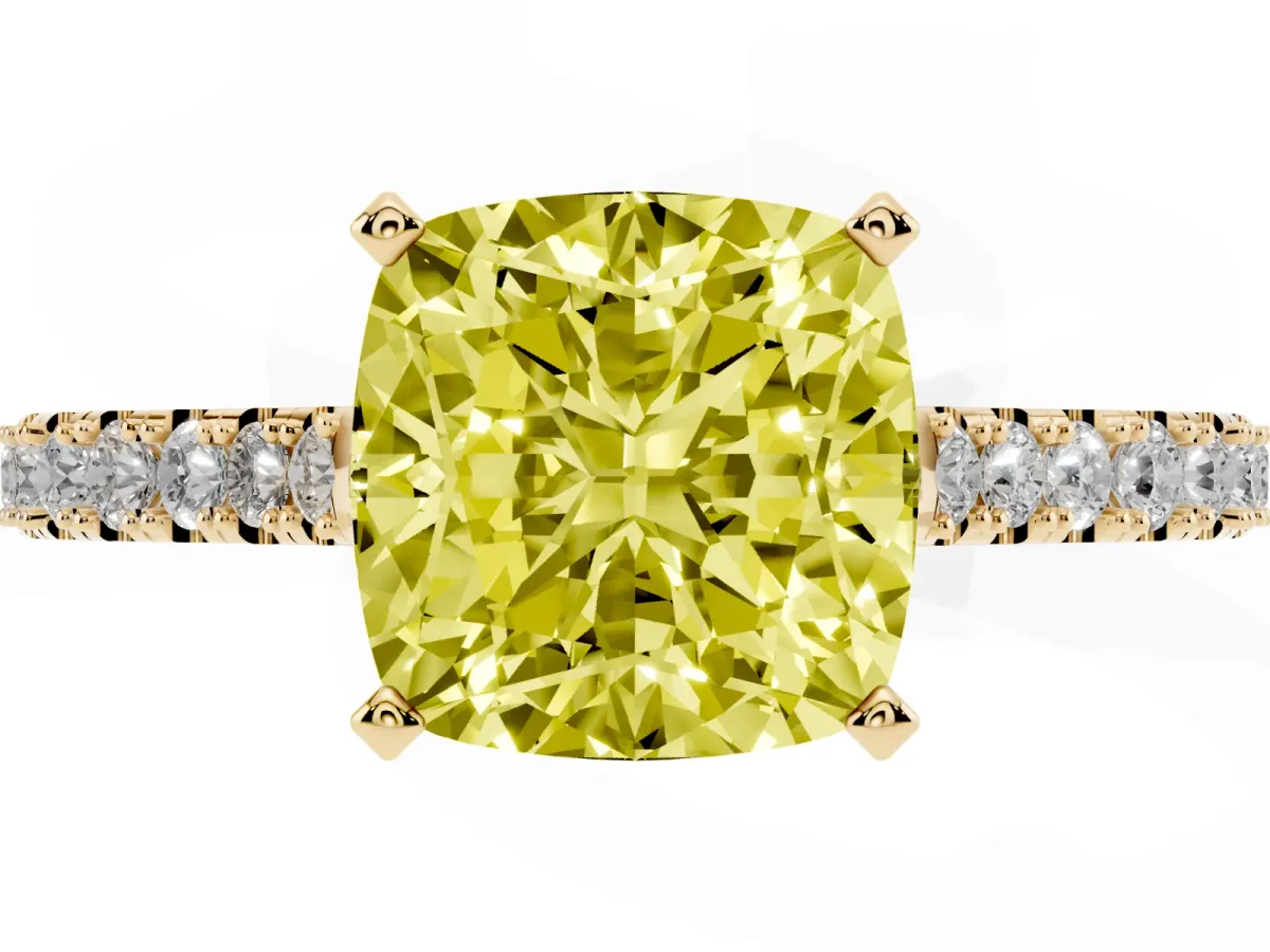 Fancy Yellow Cushion Cut Cut Solitaire Diamond Engagement Ring with Pave Band and Four-Prong Setting Yellow gold