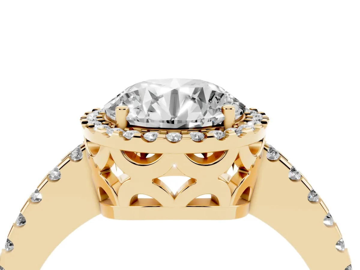 Round Cut Diamond Halo Engagement Ring with Pavé Band and Prong Setting Yellow gold