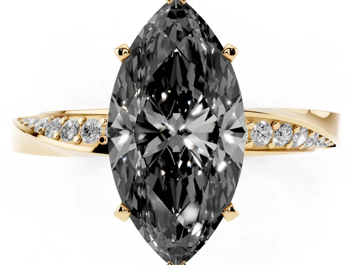 Fancy Black Marquise Cut Diamond Engagement Ring with Side Stone Accents and Four-Prong Setting Yellow gold