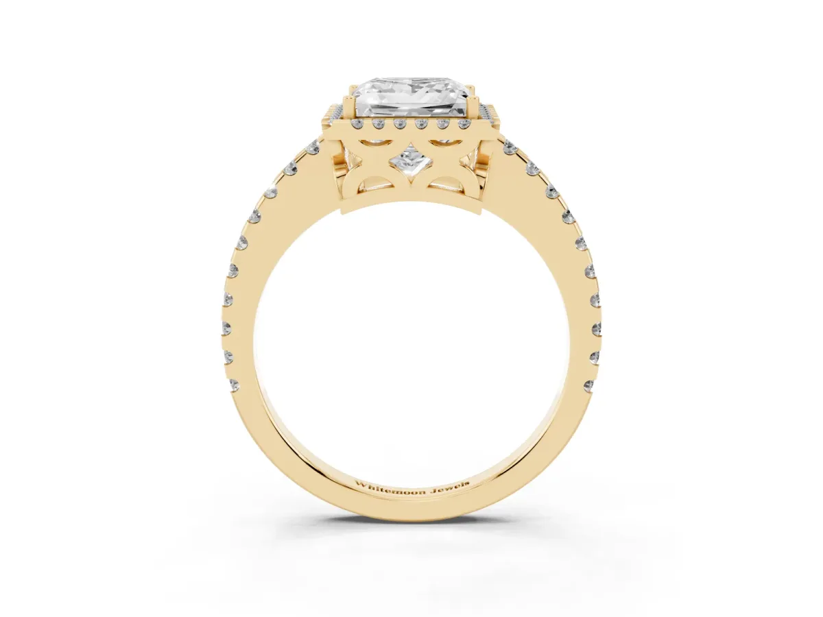 Princess Cut Diamond Halo Engagement Ring with Pavé Band and Prong Setting Yellow gold