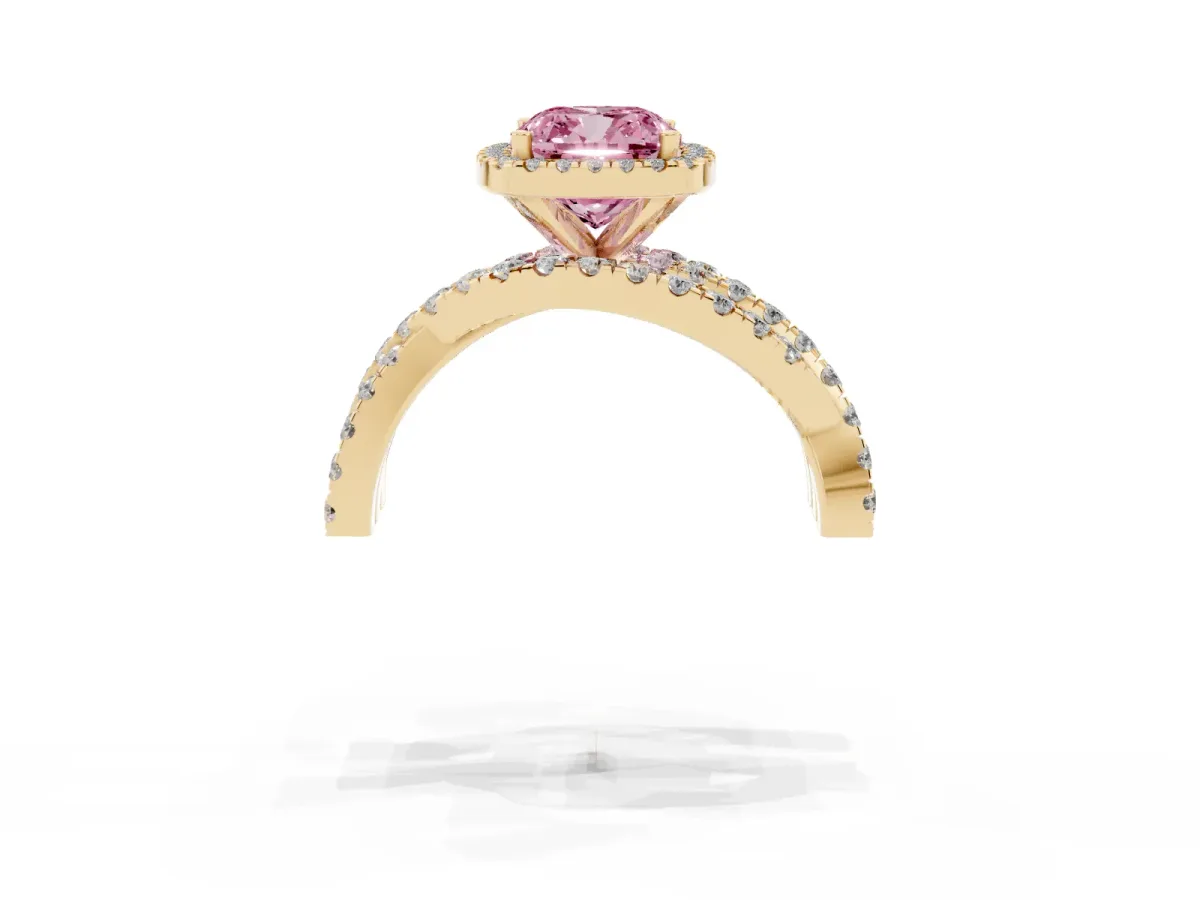 Fancy Pink Cushion Cut Diamond Halo Ring with Round Split Shank and Prong Setting Yellow gold