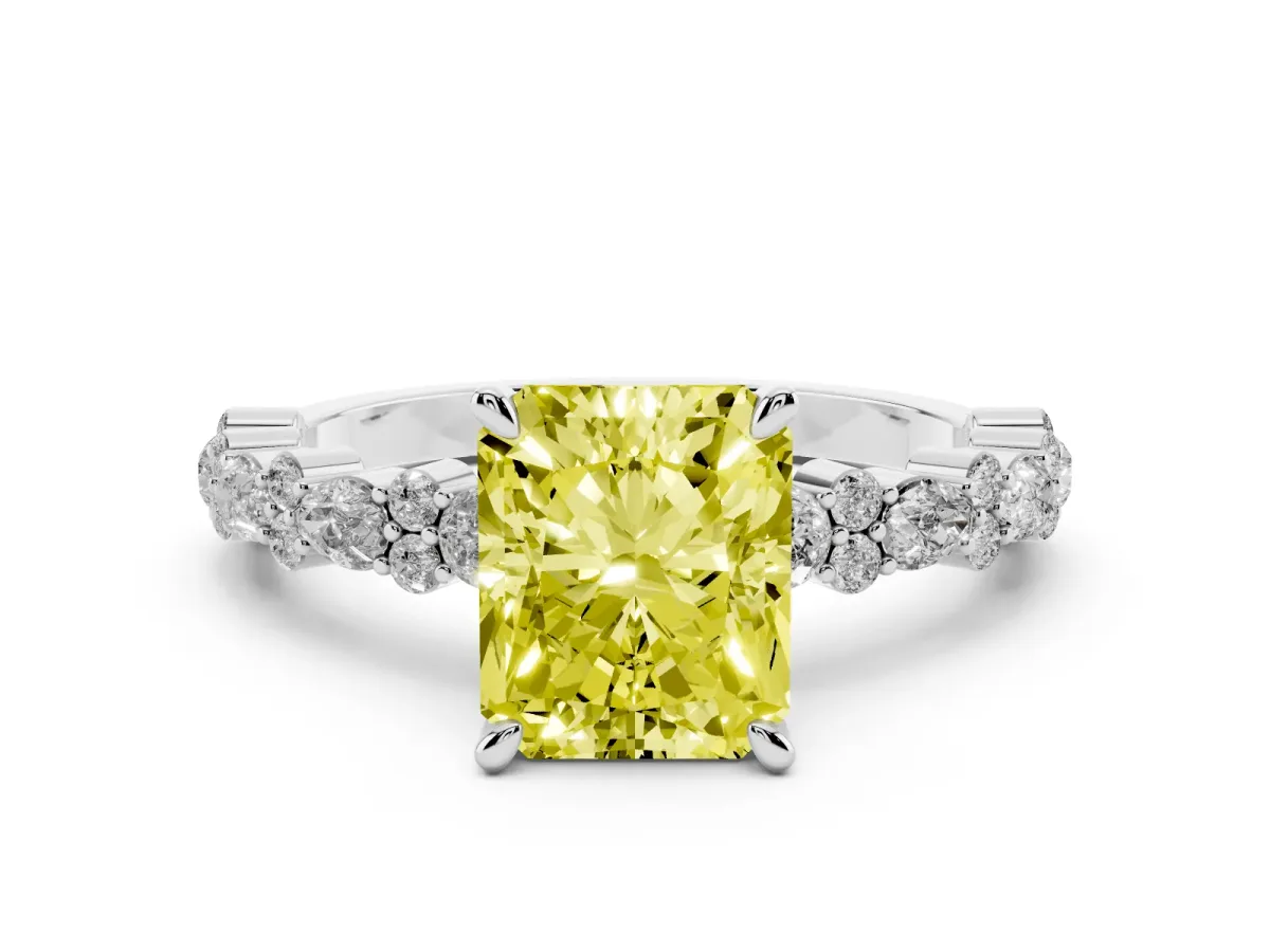 Fancy Yellow Radiant Cut Diamond Side Stone Solitaire Ring with Round and Four-Prong Setting Silver