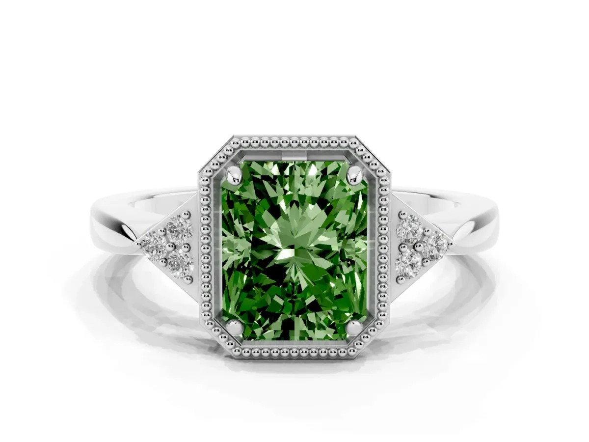 Fancy Green Radiant Cut Diamond Halo Ring with Tapered Band and Four-Prong Setting Platinum